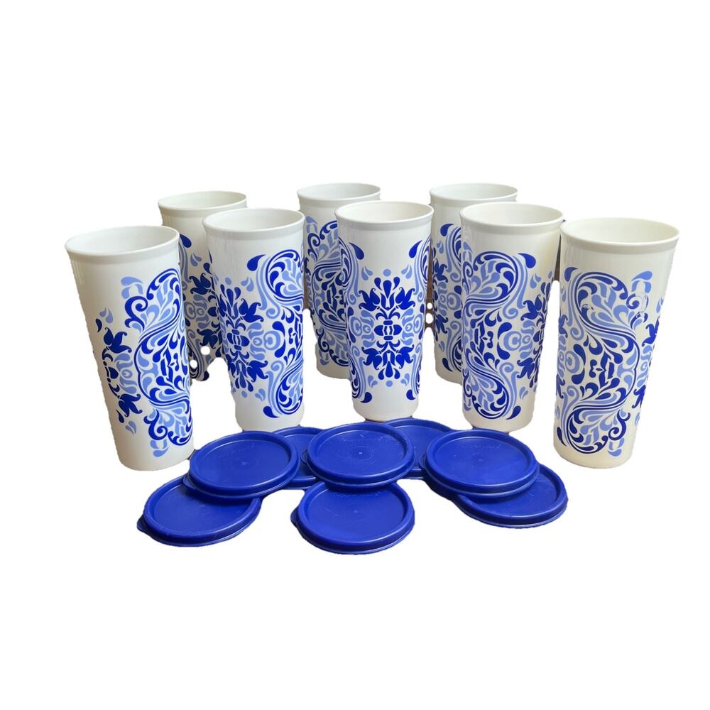 8 Tupperware Talavera Tumblers 16oz With 8 Blue Seals Lids - 16 piece Set Pretty
